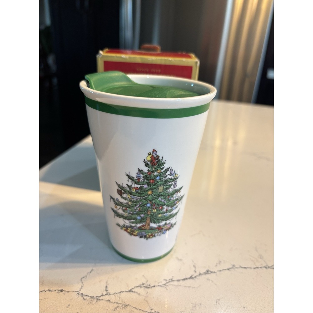 Spode Christmas Tree Ceramic Travel Mug Tumbler with Lid and Box